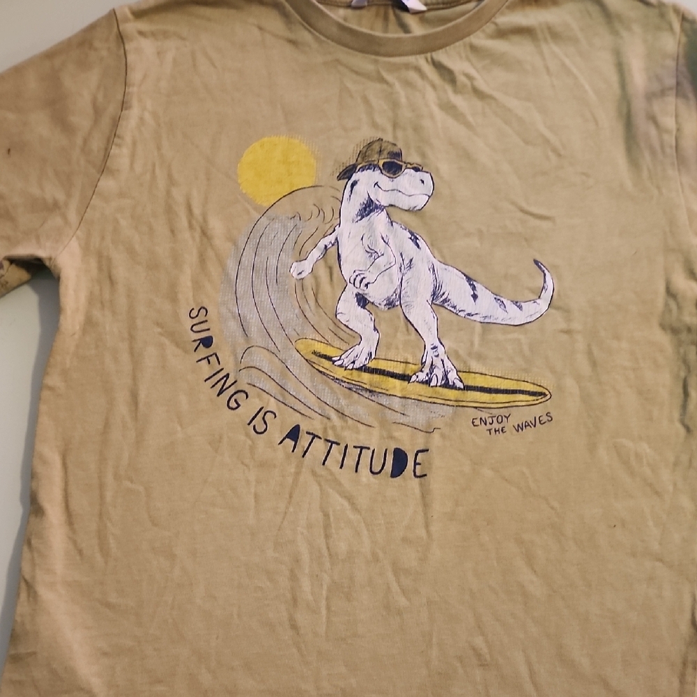 Kids Tan Dinosaur Surfing T-Shirt